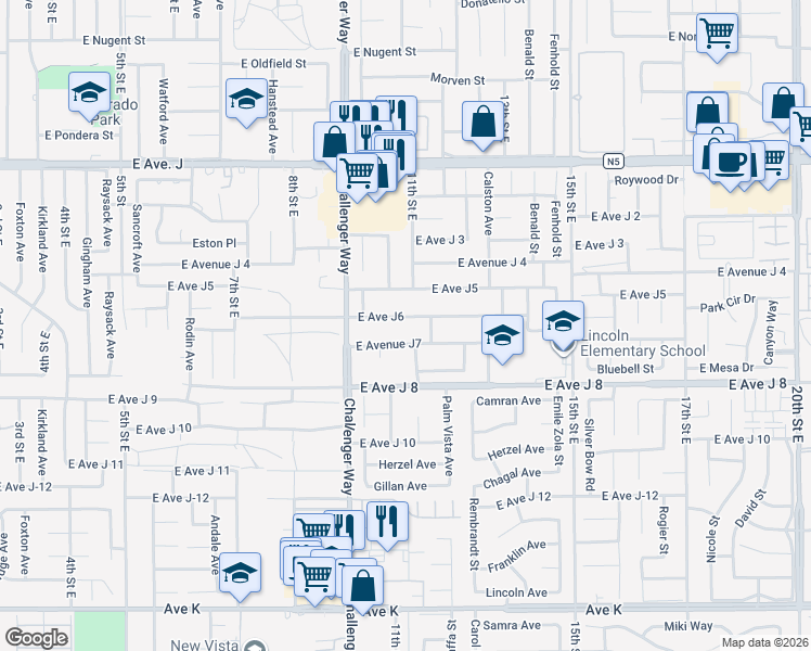 map of restaurants, bars, coffee shops, grocery stores, and more near 1064 East Avenue J6 in Lancaster