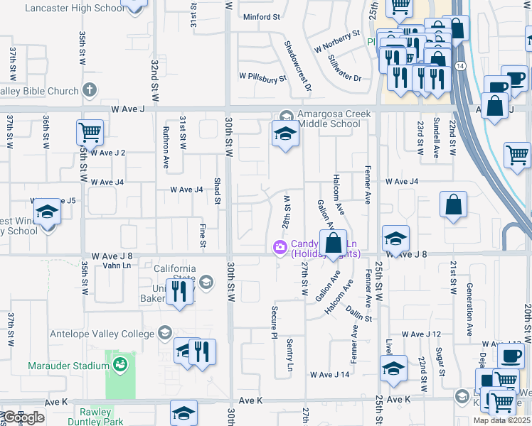 map of restaurants, bars, coffee shops, grocery stores, and more near 44172 Planet Circle in Lancaster