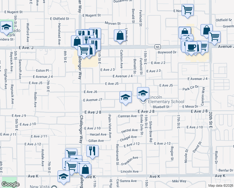 map of restaurants, bars, coffee shops, grocery stores, and more near 1180 East Avenue J6 in Lancaster