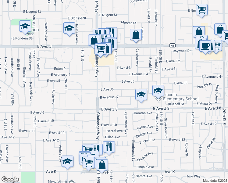 map of restaurants, bars, coffee shops, grocery stores, and more near 1064 East Avenue J6 in Lancaster