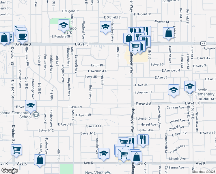 map of restaurants, bars, coffee shops, grocery stores, and more near 724 East Avenue J6 in Lancaster