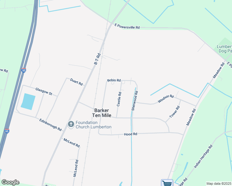 map of restaurants, bars, coffee shops, grocery stores, and more near 219 Castle Road in Lumberton