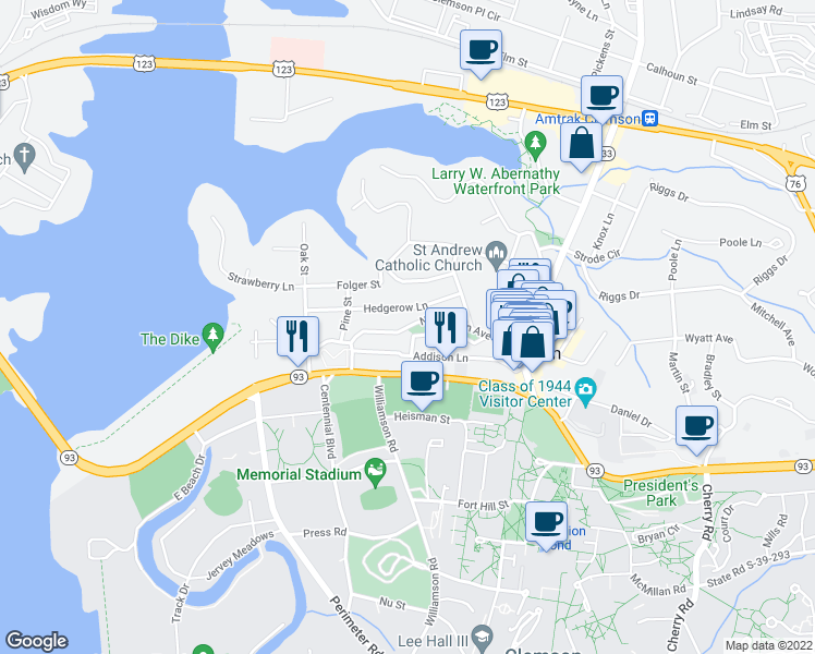 map of restaurants, bars, coffee shops, grocery stores, and more near 227 North Clemson Avenue in Clemson