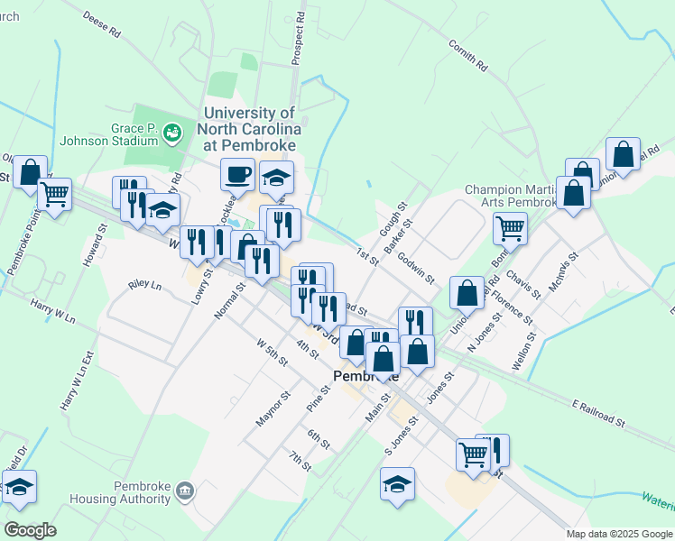 map of restaurants, bars, coffee shops, grocery stores, and more near 408 West Railroad Street in Pembroke