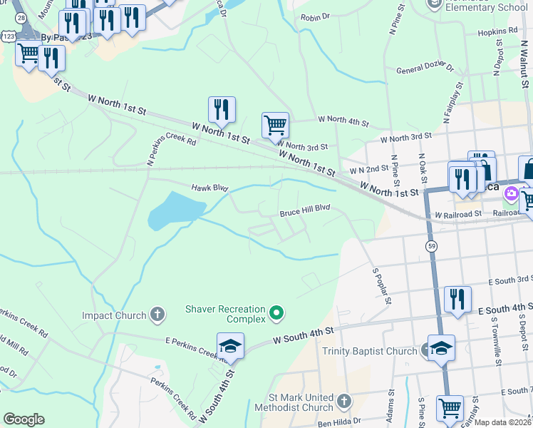map of restaurants, bars, coffee shops, grocery stores, and more near 602 Bruce Hill Boulevard in Seneca