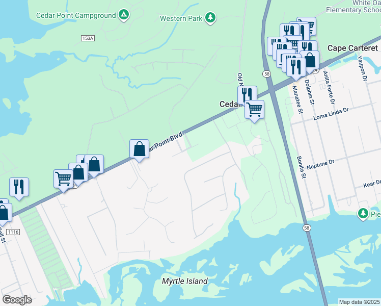 map of restaurants, bars, coffee shops, grocery stores, and more near 107 Magens Way in Swansboro