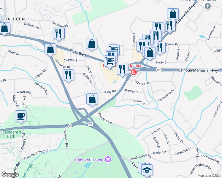 map of restaurants, bars, coffee shops, grocery stores, and more near 207 Kelly Road in Clemson