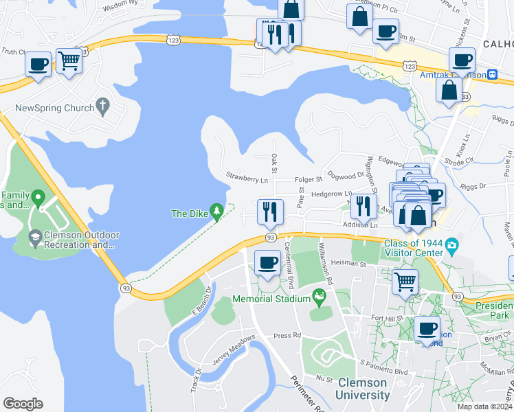 map of restaurants, bars, coffee shops, grocery stores, and more near 103 Oak Street in Clemson