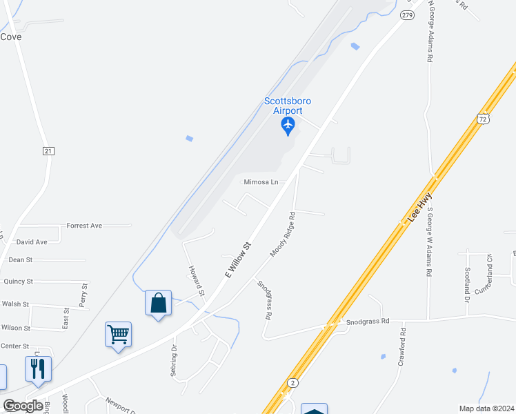 map of restaurants, bars, coffee shops, grocery stores, and more near 2101 East Willow Street in Scottsboro