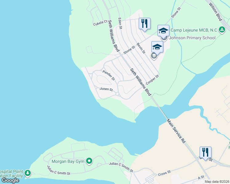 map of restaurants, bars, coffee shops, grocery stores, and more near Jones Street in Camp Lejeune
