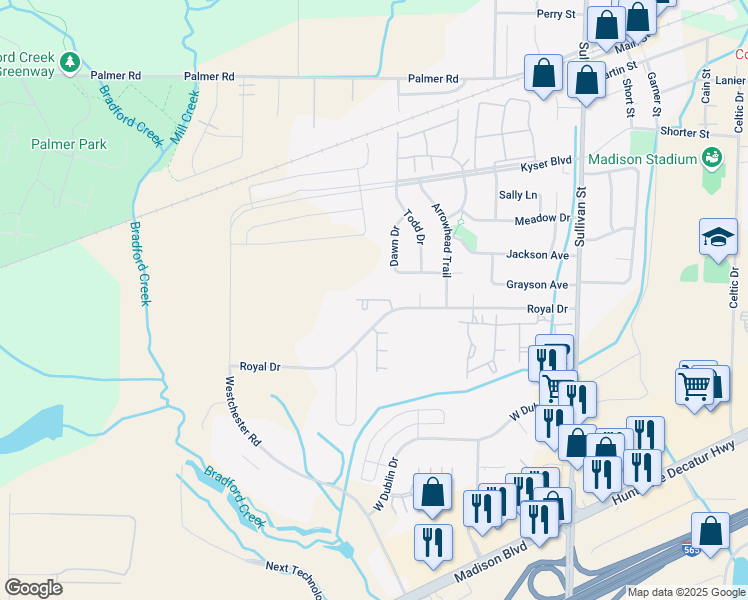 map of restaurants, bars, coffee shops, grocery stores, and more near 140 Royal Drive in Madison