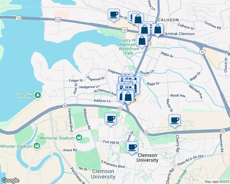 map of restaurants, bars, coffee shops, grocery stores, and more near 110 North Clemson Avenue in Clemson