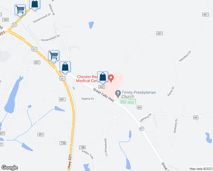 map of restaurants, bars, coffee shops, grocery stores, and more near 1 Medical Park Drive in Chester
