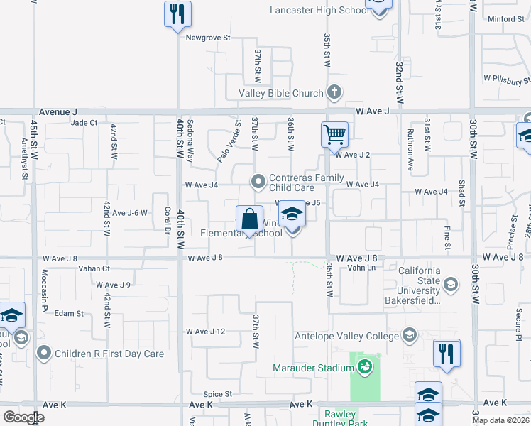 map of restaurants, bars, coffee shops, grocery stores, and more near 44115 Hunter Court in Lancaster