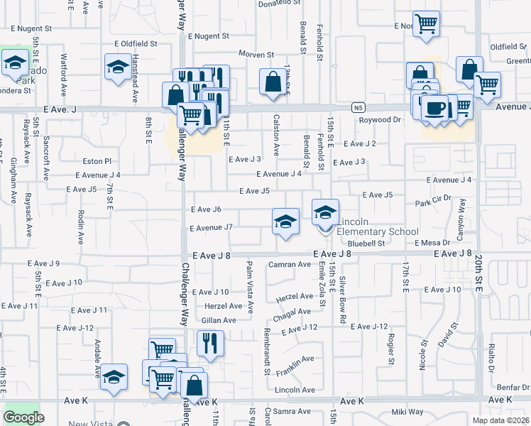 map of restaurants, bars, coffee shops, grocery stores, and more near 1180 East Avenue J6 in Lancaster