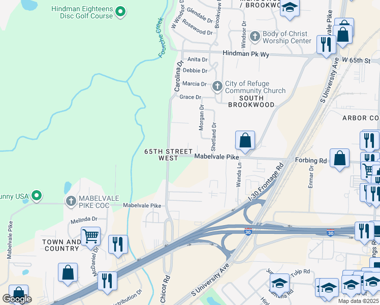 map of restaurants, bars, coffee shops, grocery stores, and more near 7418 Mabelvale Pike in Little Rock