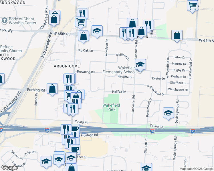 map of restaurants, bars, coffee shops, grocery stores, and more near 7119 Woodson Road in Little Rock