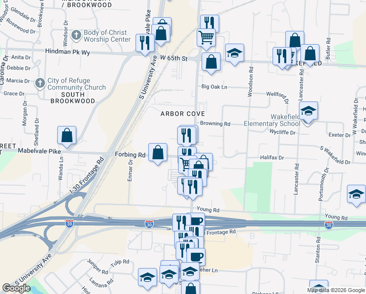 map of restaurants, bars, coffee shops, grocery stores, and more near 6014 Forbing Road in Little Rock
