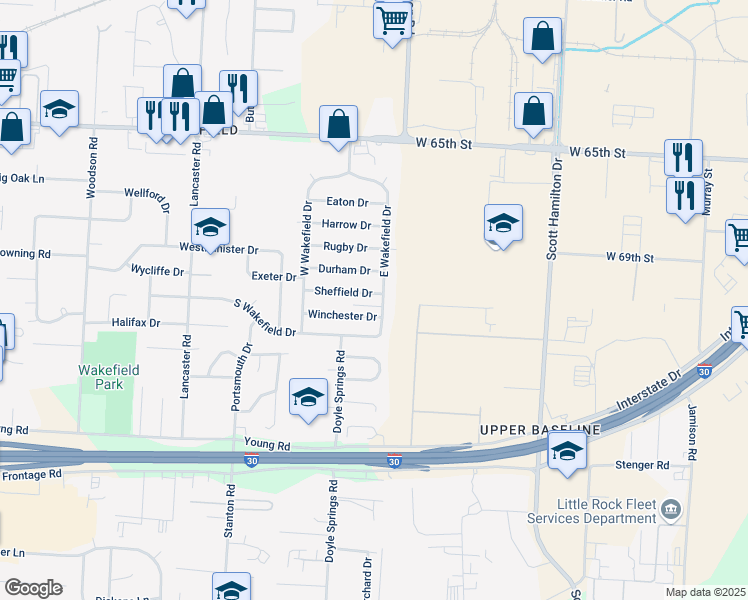 map of restaurants, bars, coffee shops, grocery stores, and more near 3 Sheffield Street in Little Rock