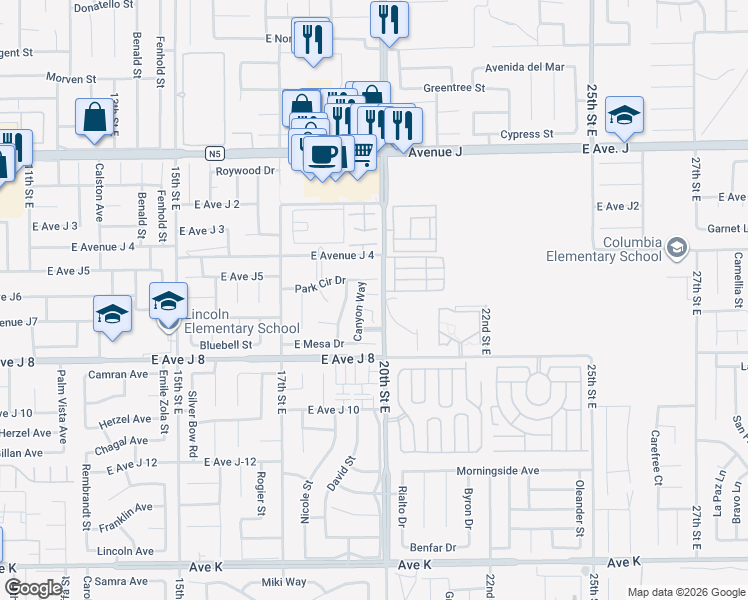 map of restaurants, bars, coffee shops, grocery stores, and more near 1848 Horizon Lane in Lancaster