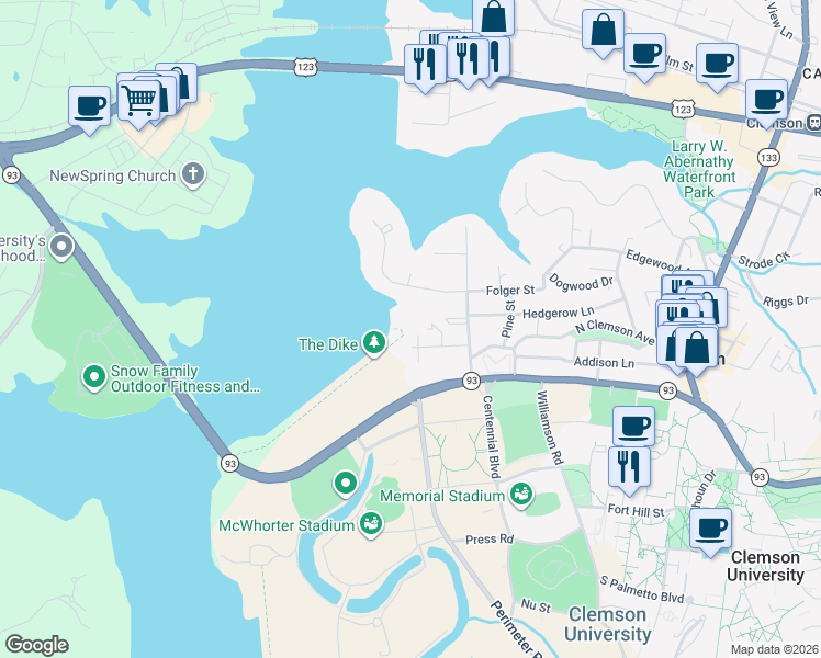 map of restaurants, bars, coffee shops, grocery stores, and more near 119 Houston Street in Clemson