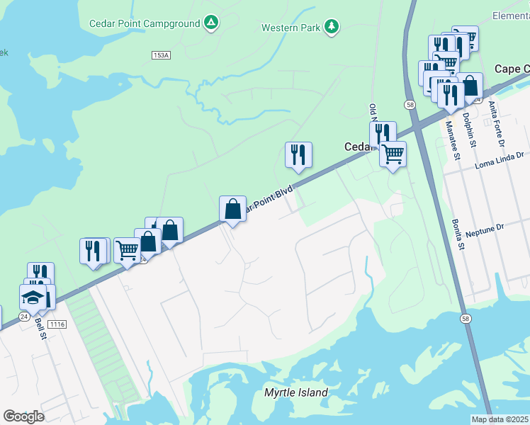 map of restaurants, bars, coffee shops, grocery stores, and more near 1102 Cedar Point Boulevard in Cedar Point