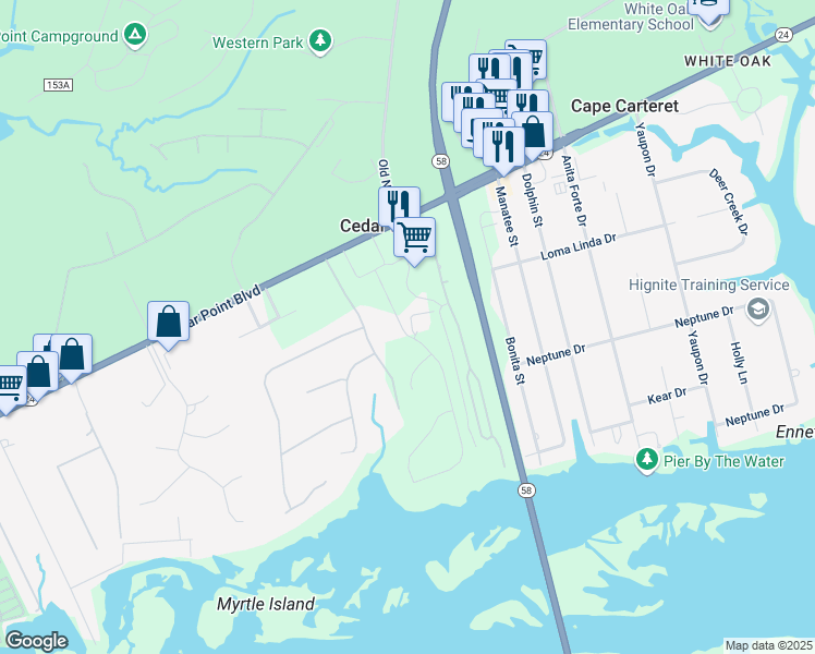 map of restaurants, bars, coffee shops, grocery stores, and more near 209 Royal Oaks Court in Cedar Point