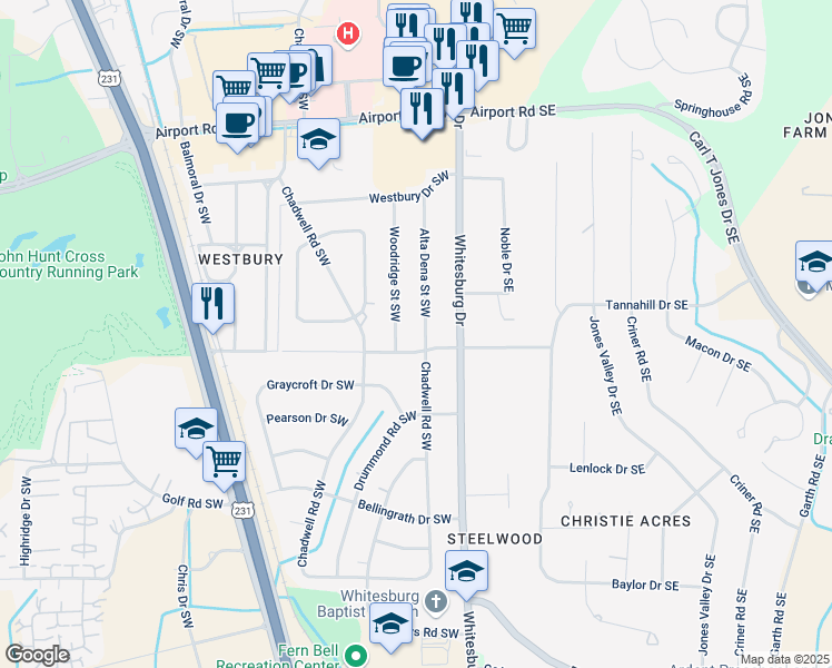 map of restaurants, bars, coffee shops, grocery stores, and more near 5629 Alta Dena Street Southwest in Huntsville