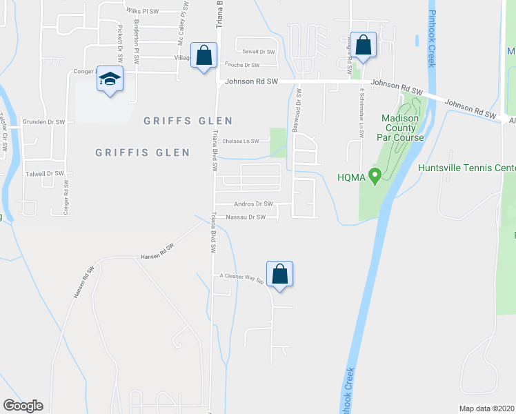 map of restaurants, bars, coffee shops, grocery stores, and more near 3106 Andros Drive Southwest in Huntsville