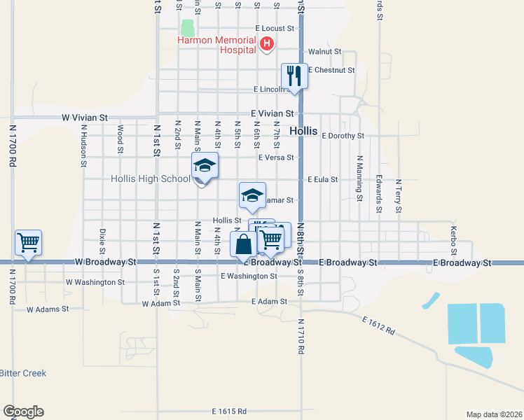 map of restaurants, bars, coffee shops, grocery stores, and more near 321 North 6th Street in Hollis