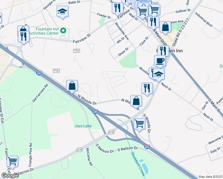 map of restaurants, bars, coffee shops, grocery stores, and more near 16921 North Woods Drive in Fountain Inn