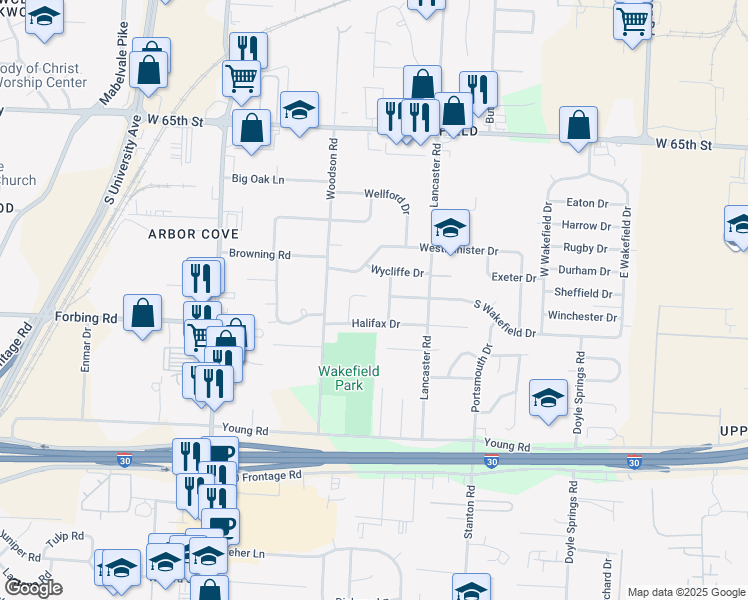 map of restaurants, bars, coffee shops, grocery stores, and more near 23 Halifax Court in Little Rock