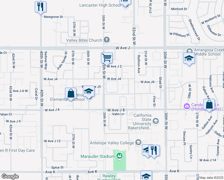map of restaurants, bars, coffee shops, grocery stores, and more near 3341 West Avenue J 6 in Lancaster