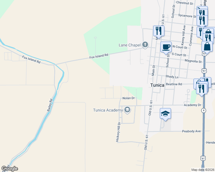map of restaurants, bars, coffee shops, grocery stores, and more near Rigby Avenue in Tunica