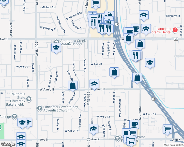 map of restaurants, bars, coffee shops, grocery stores, and more near 44110 25th Street West in Lancaster