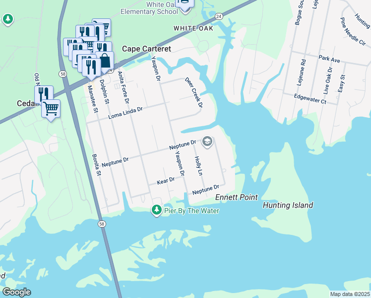 map of restaurants, bars, coffee shops, grocery stores, and more near 502 Neptune Drive in Cape Carteret