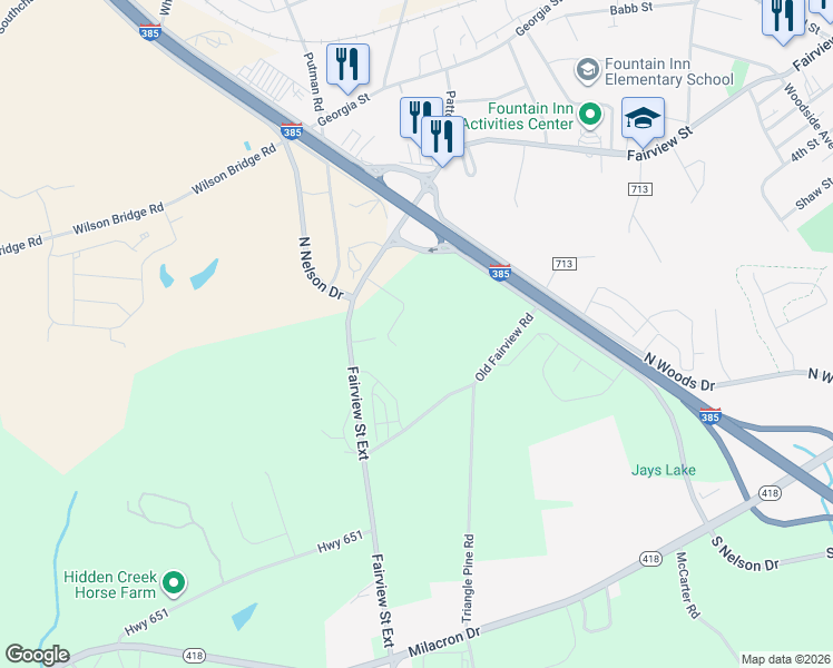 map of restaurants, bars, coffee shops, grocery stores, and more near 201 Fairview Street Exd in Fountain Inn