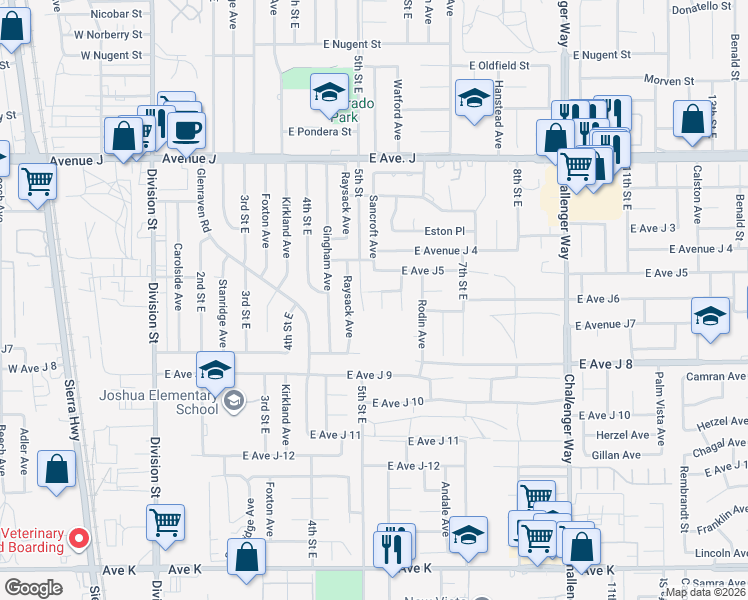 map of restaurants, bars, coffee shops, grocery stores, and more near 44117 Sancroft Avenue in Lancaster