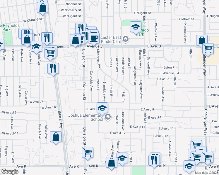map of restaurants, bars, coffee shops, grocery stores, and more near 44119 3rd Street East in Lancaster