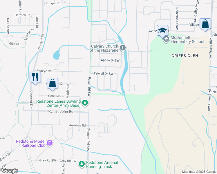 map of restaurants, bars, coffee shops, grocery stores, and more near 4415 Kiger St SW in Huntsville