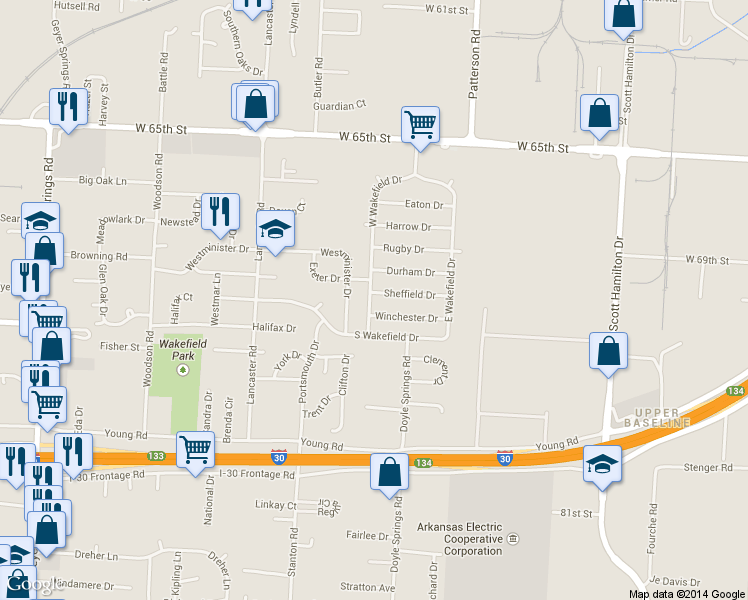 map of restaurants, bars, coffee shops, grocery stores, and more near 37 Sheffield Drive in Little Rock