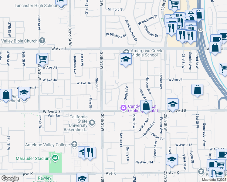 map of restaurants, bars, coffee shops, grocery stores, and more near 44172 Planet Circle in Lancaster