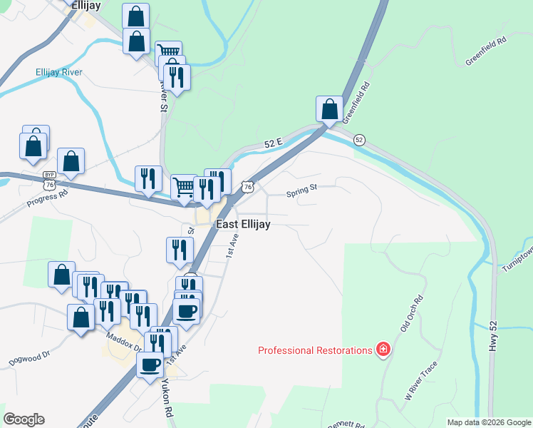map of restaurants, bars, coffee shops, grocery stores, and more near West D Court in Ellijay