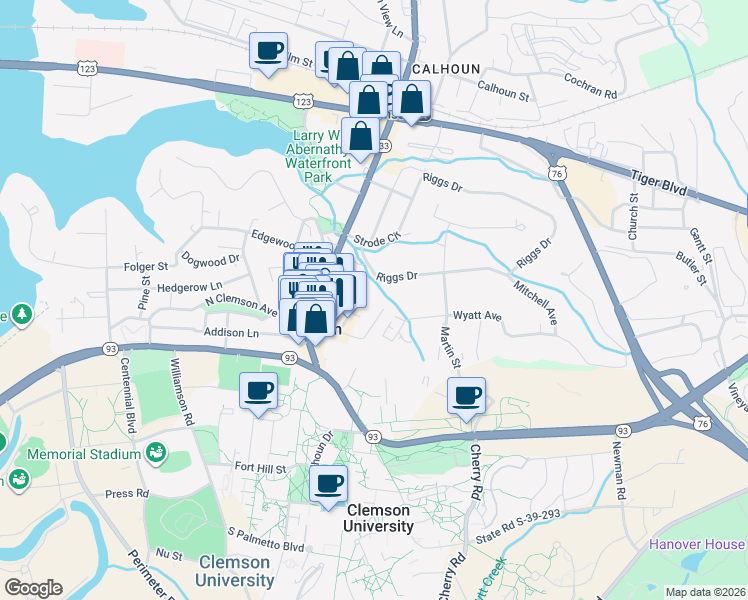 map of restaurants, bars, coffee shops, grocery stores, and more near 116 Fendley Street in Clemson