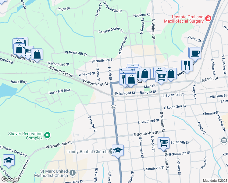 map of restaurants, bars, coffee shops, grocery stores, and more near 102 North Oak Street in Seneca