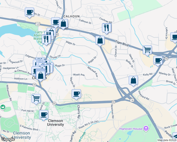 map of restaurants, bars, coffee shops, grocery stores, and more near 104 Mitchell Avenue in Clemson
