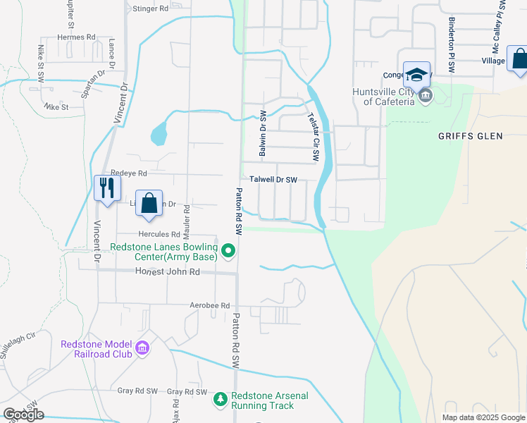 map of restaurants, bars, coffee shops, grocery stores, and more near 4414 Millvale Drive Southwest in Huntsville