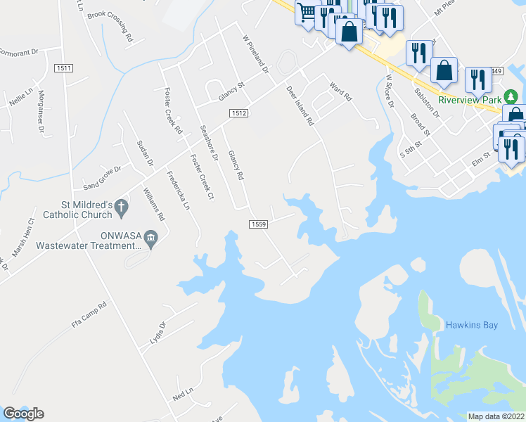 map of restaurants, bars, coffee shops, grocery stores, and more near 410 Holly Lane in Swansboro