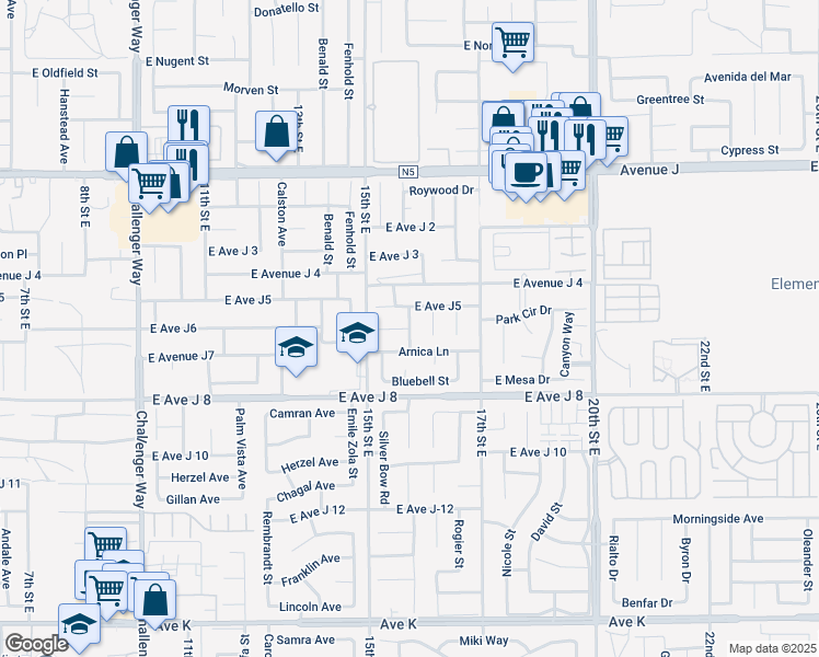 map of restaurants, bars, coffee shops, grocery stores, and more near East Avenue J6 in Lancaster