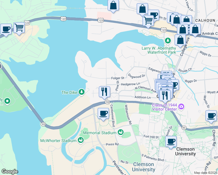 map of restaurants, bars, coffee shops, grocery stores, and more near 204 Oak Street in Clemson